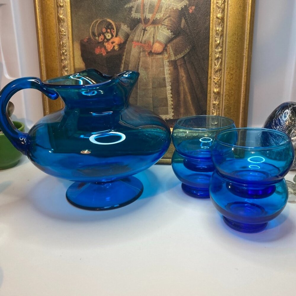 Vintage Blue Pitcher Set Mid Century Modern With Four Glasses RARE Handblown
